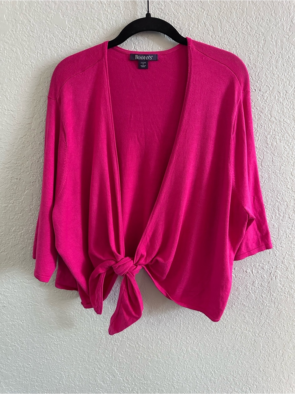 Roaman’s Tie Front Cardigan Sweater Pink 1X 22/24 3/4 Sleeve Lightweight Plus
